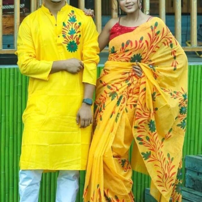 Ready Made Hand Paint Half Silk Saree And Half Silk Punjabi For Combo Couple Wear