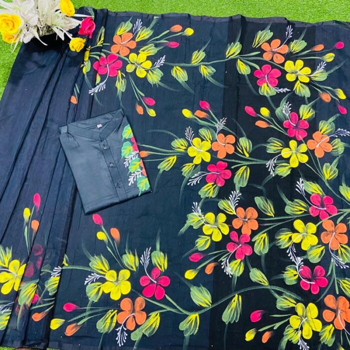 Ready Made Hand Paint Half Silk Saree And Half Silk Punjabi For Combo Couple Wear