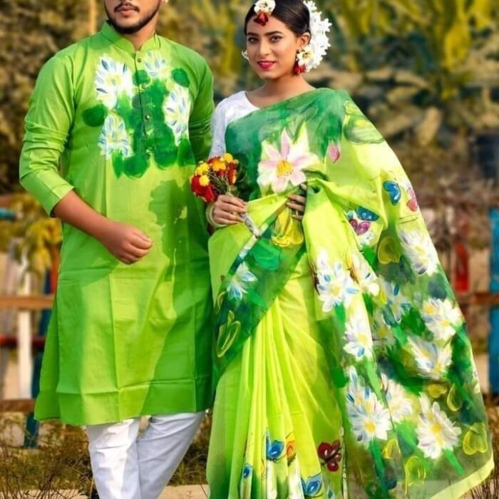 Ready Made Hand Paint Half Silk Saree And Half Silk Punjabi For Combo Couple Wear