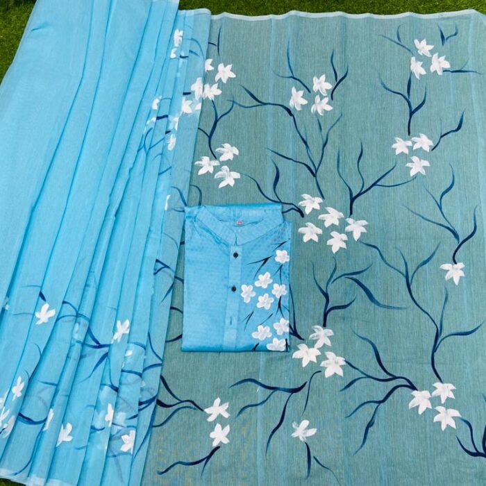 Ready Made Hand Paint Half Silk Saree And Half Silk Punjabi For Combo Couple Wear