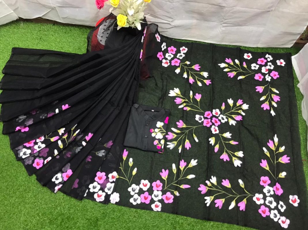 Ready Made Hand Paint Half Silk Saree And Half Silk Punjabi For Combo Couple Wear - Image 13