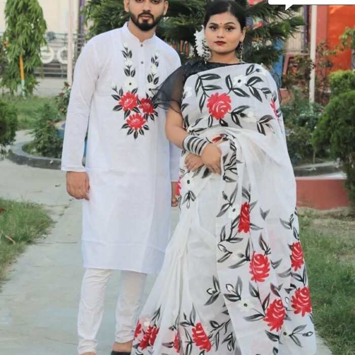 Ready Made Hand Paint Half Silk Saree And Half Silk Punjabi For Combo Couple Wear