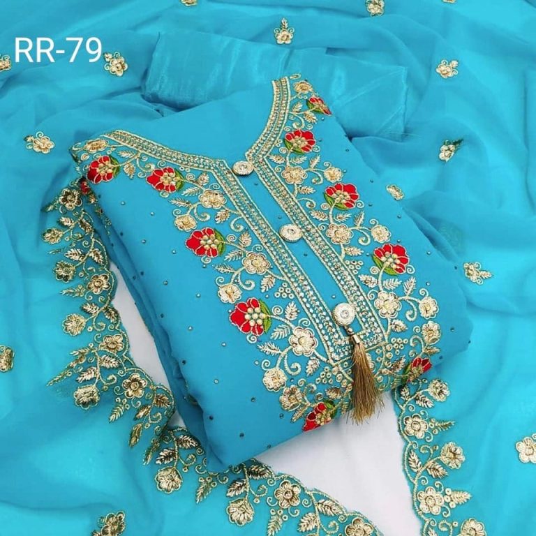 Three Piece-Weightless Georgette Heavy Soft Semi Stitched Best Quality Embroidery Work Dress Salwar Kameez For Girl And Women. - Dress For Girls