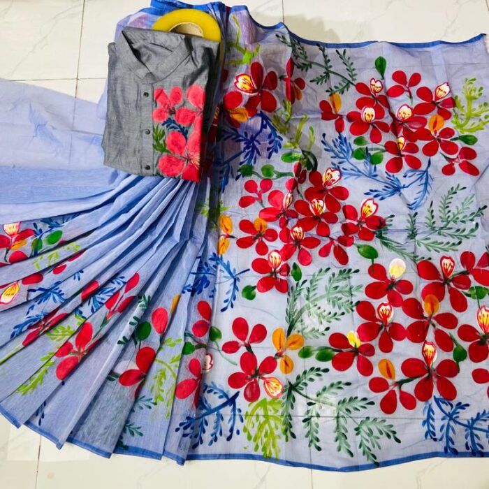 Ready Made Hand Paint Half Silk Saree And Half Silk Punjabi For Combo Couple Wear