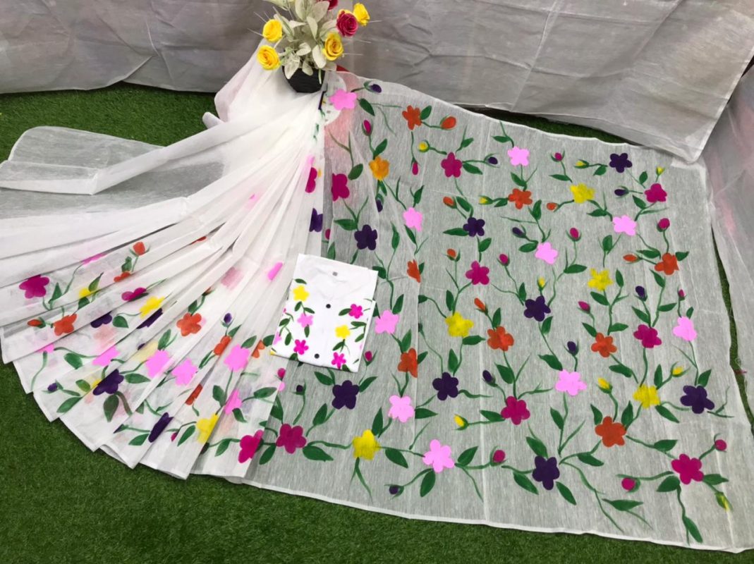 Ready Made Hand Paint Half Silk Saree And Half Silk Punjabi For Combo Couple Wear - Image 5