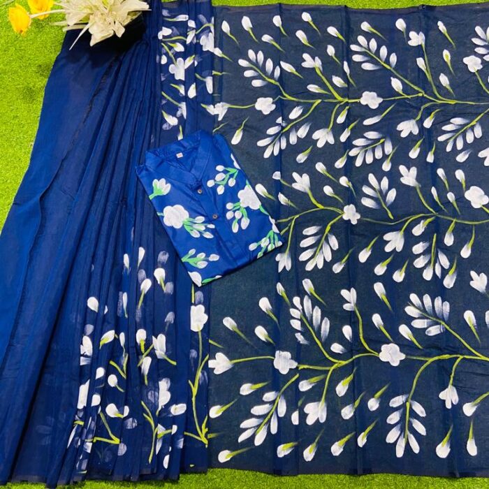 Ready Made Hand Paint Half Silk Saree And Half Silk Punjabi For Combo Couple Wear