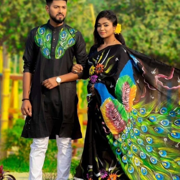 Ready Made Hand Paint Half Silk Saree And Half Silk Punjabi For Combo Couple Wear