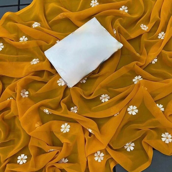Exclusive Design yellow Color Georgette Embroidry work Saree With Matching Blouse pis for women