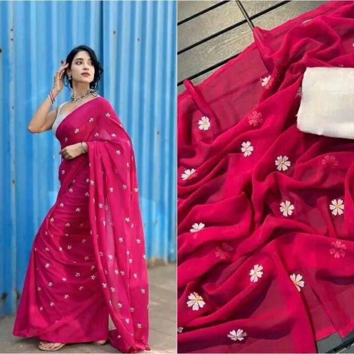 Exclusive Design Pink Color Georgette Embroidry work Saree With Matching Blouse pis for women