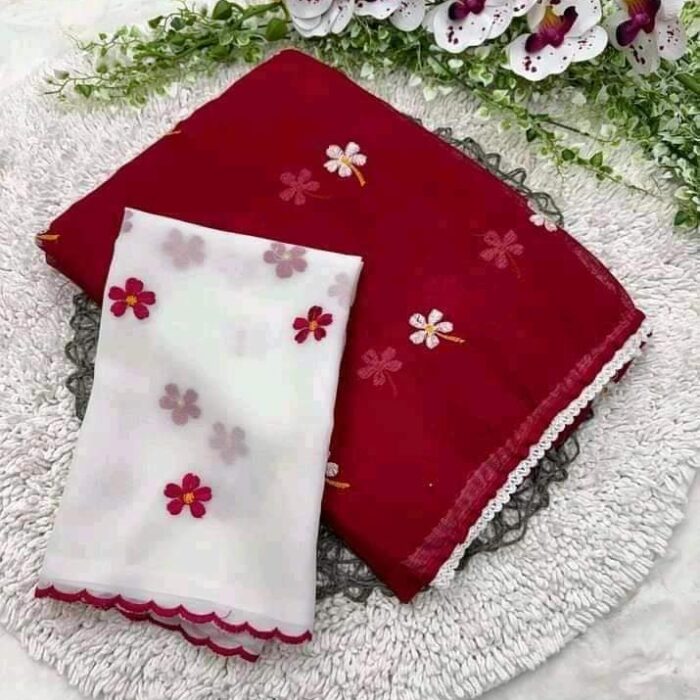 Exclusive Design Red Color Georgette Embroidry work Saree With Matching Blouse pis for women