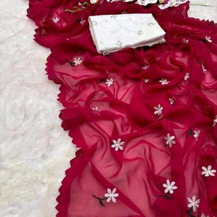 Exclusive Design Red Color Georgette Embroidry work Saree With Matching Blouse pis for women